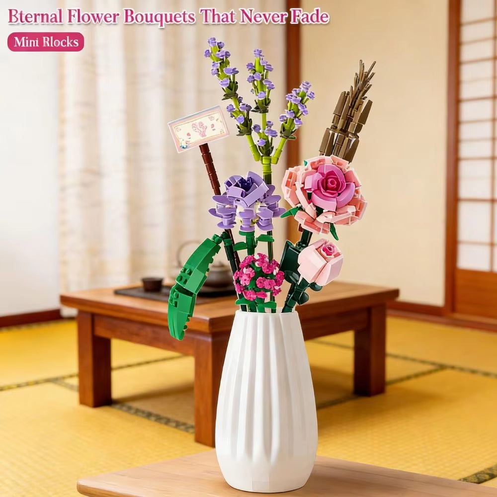 393pcs Eternal Flower Bouquet Building Blocks Set DIY Artificial Rose Mini Bricks for Home Decor Valentines Day Mothers Day Gift