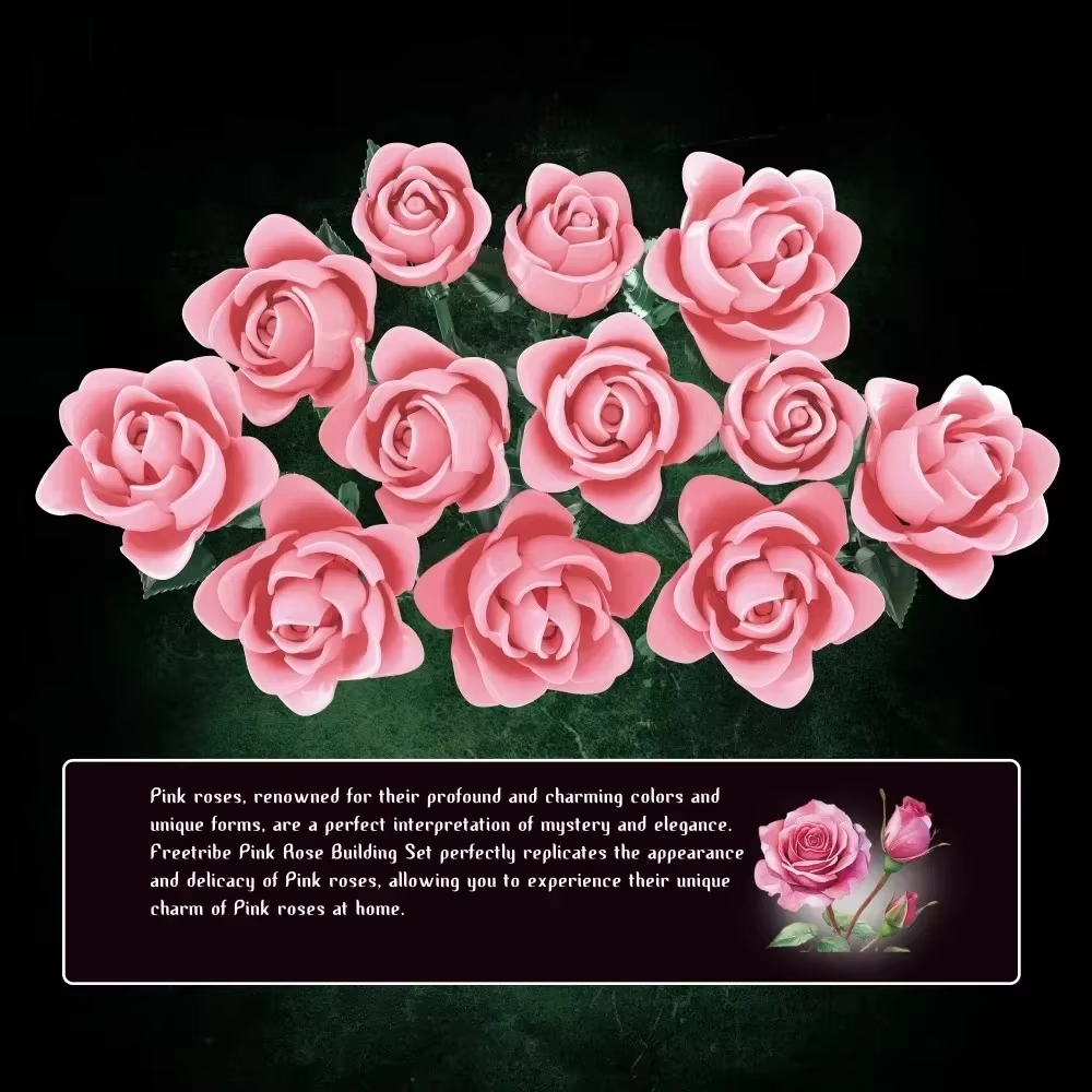 Pink Rose Flower Building Blocks Simulation Bouquet Flower Model Bricks Adult Romantic Gifts Desktop Decoration Kids DIY Toys