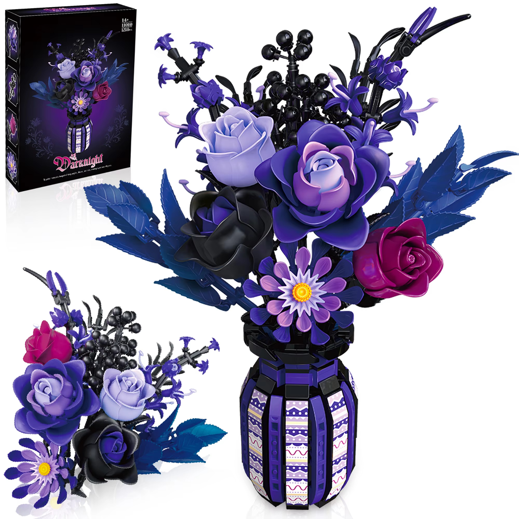 Dark Bouquet Building Block Set With Vase, 1218 Pieces