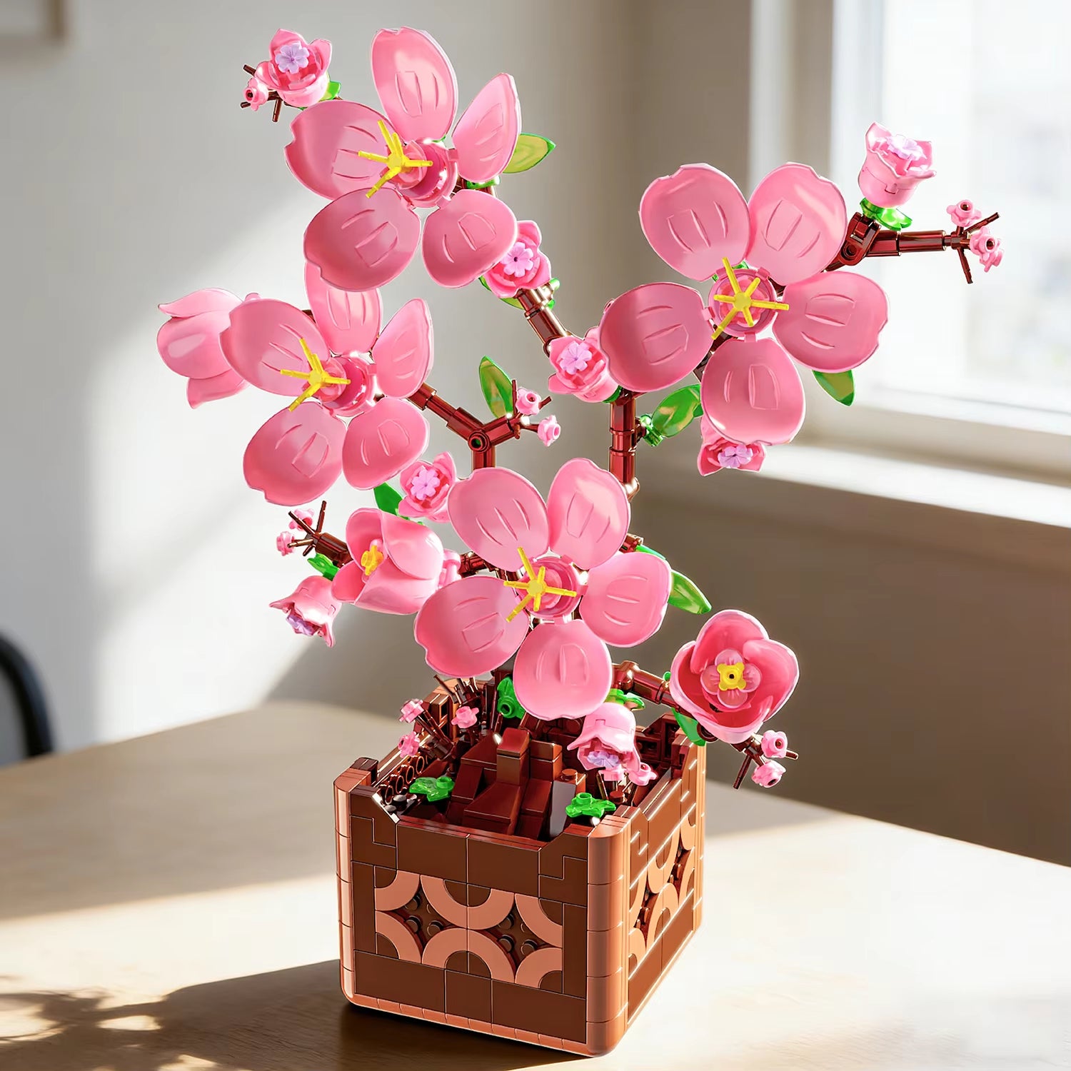 Pink Peach Blossom Potted Plant Building Block Flower Model Puzzle Toys Sets New Year Christmas Birthday Gifts