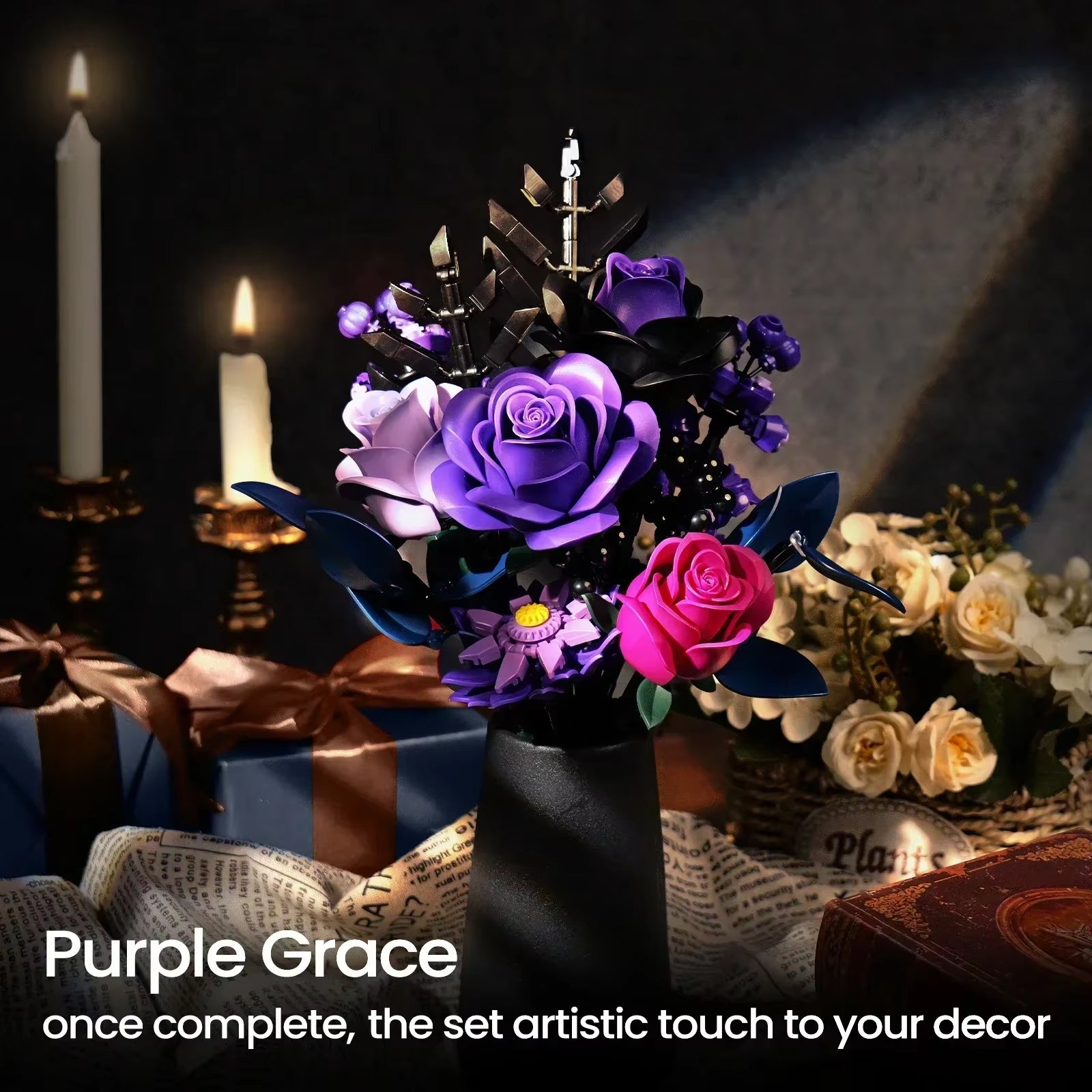 Purple Roses Blocks Flowers Building Set Simulated Rose Wedding Floral Home Decoration Bouquet Brick Toy Birthday Gift for Adult