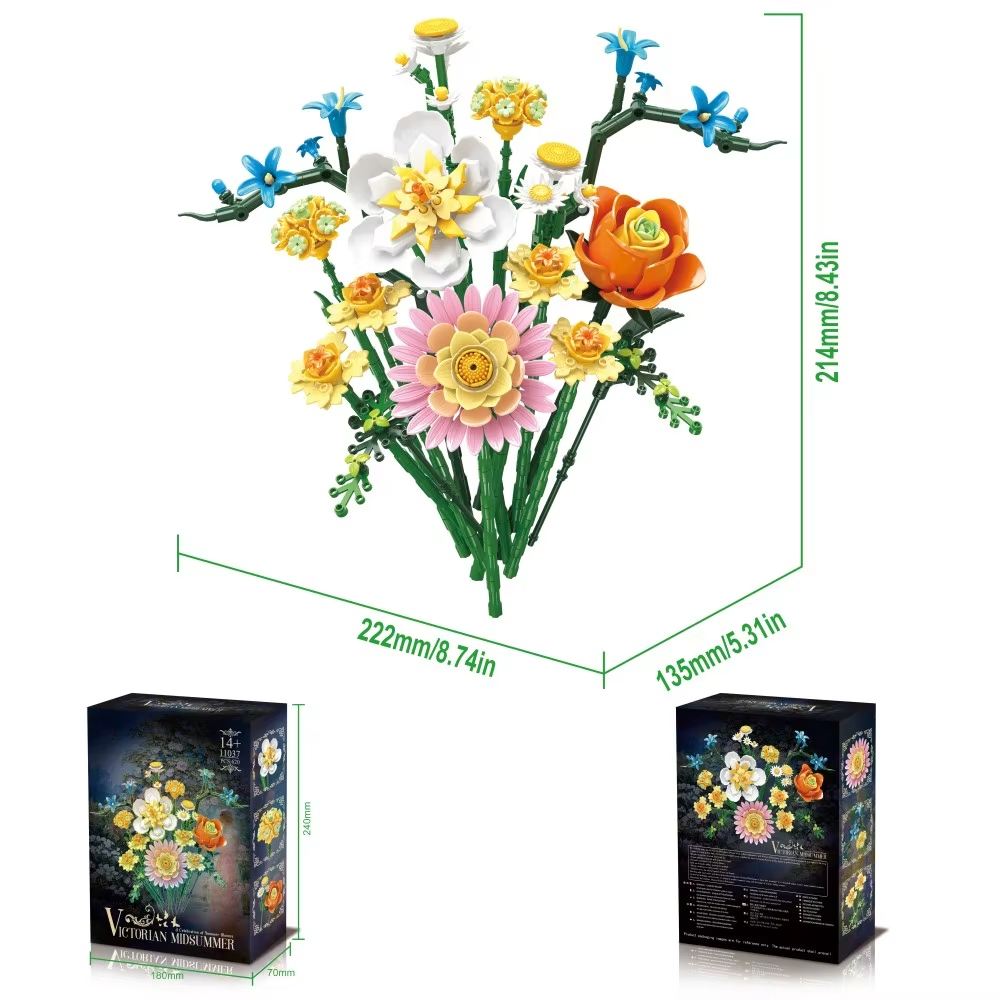 620PCS Rose Daisy Bouquet Building Blocks Daffodil Hydrangea Flower Model Bricks Desktop Ornament Kids DIY Toys Romantic Gifts