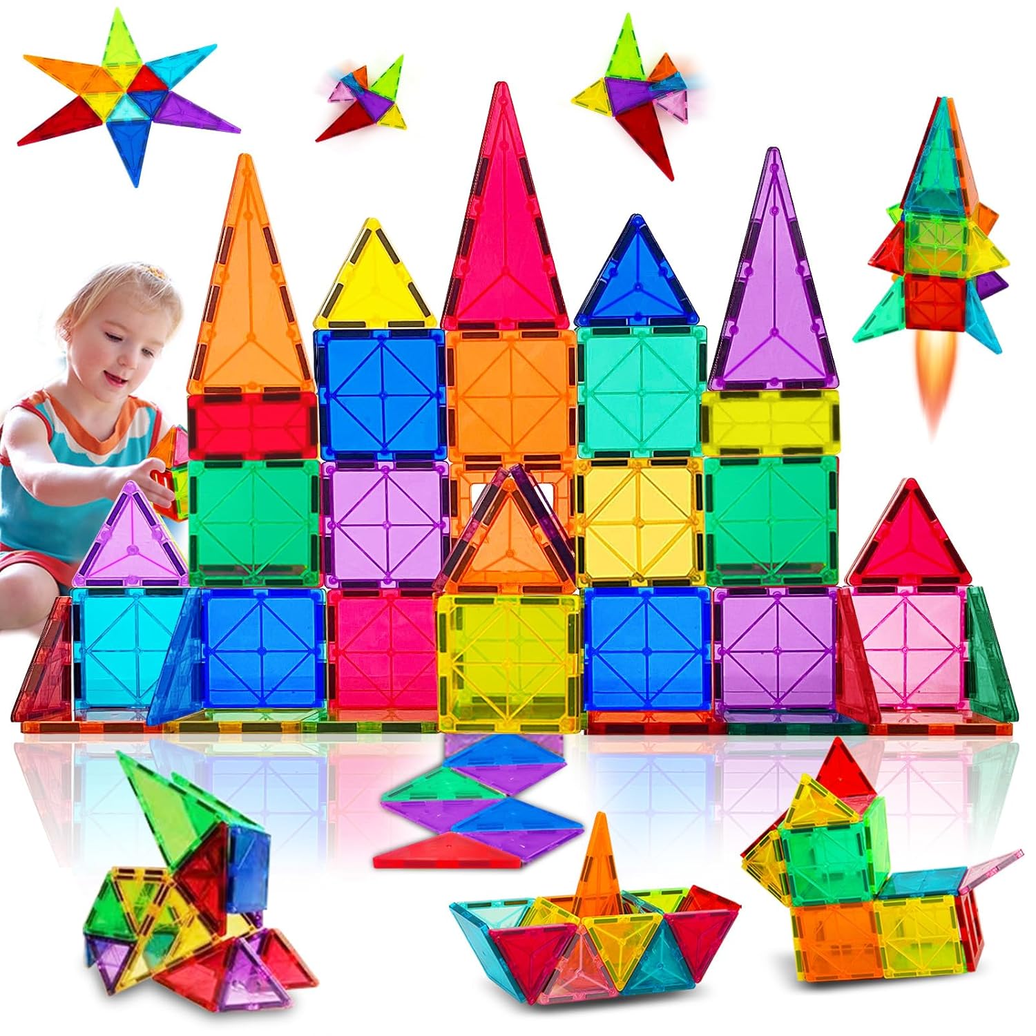 100-Piece Transparent Magnetic Tiles Set Color Window Building Blocks for Kids