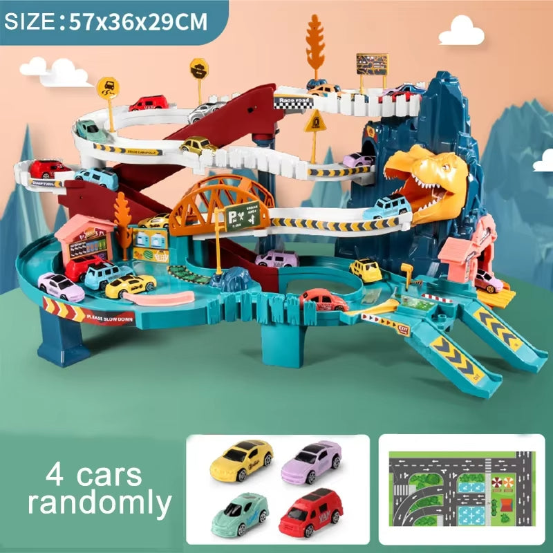Dinosaur Race Track Playset with 10 Mini Cars & Parking Garage