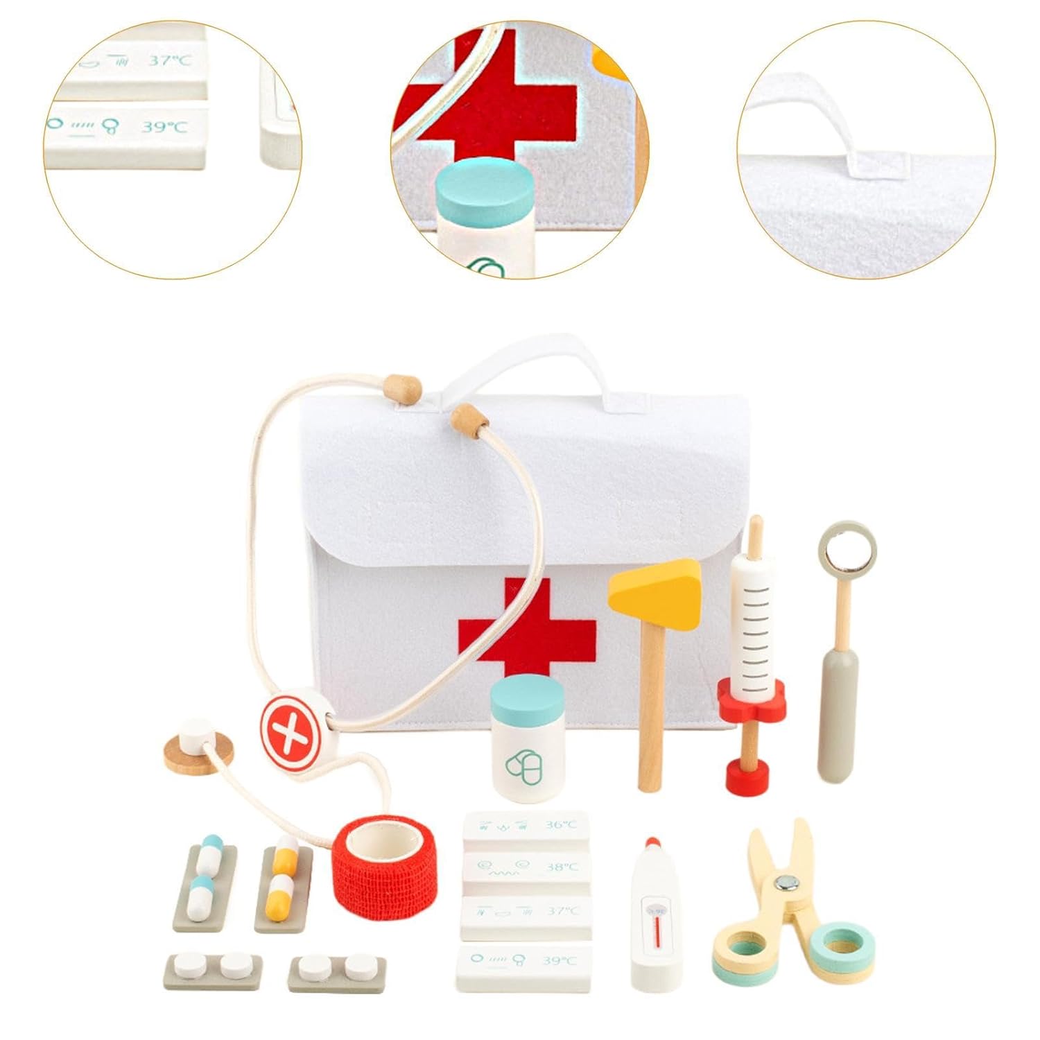 Kids Wooden Doctor Play Set, Pretend Play Medical Kit Toy with Storage Bag
