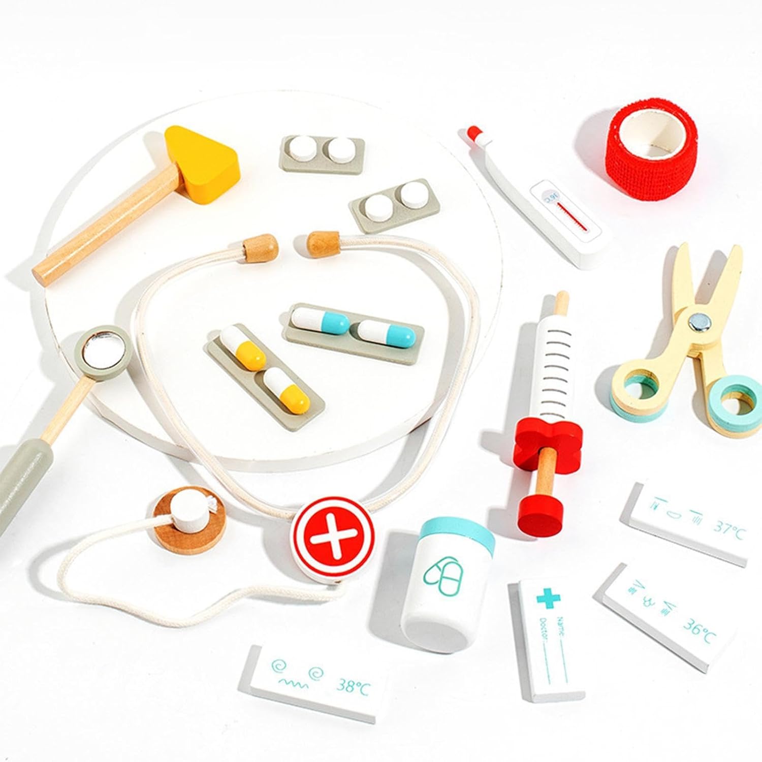 Kids Wooden Doctor Play Set, Pretend Play Medical Kit Toy with Storage Bag