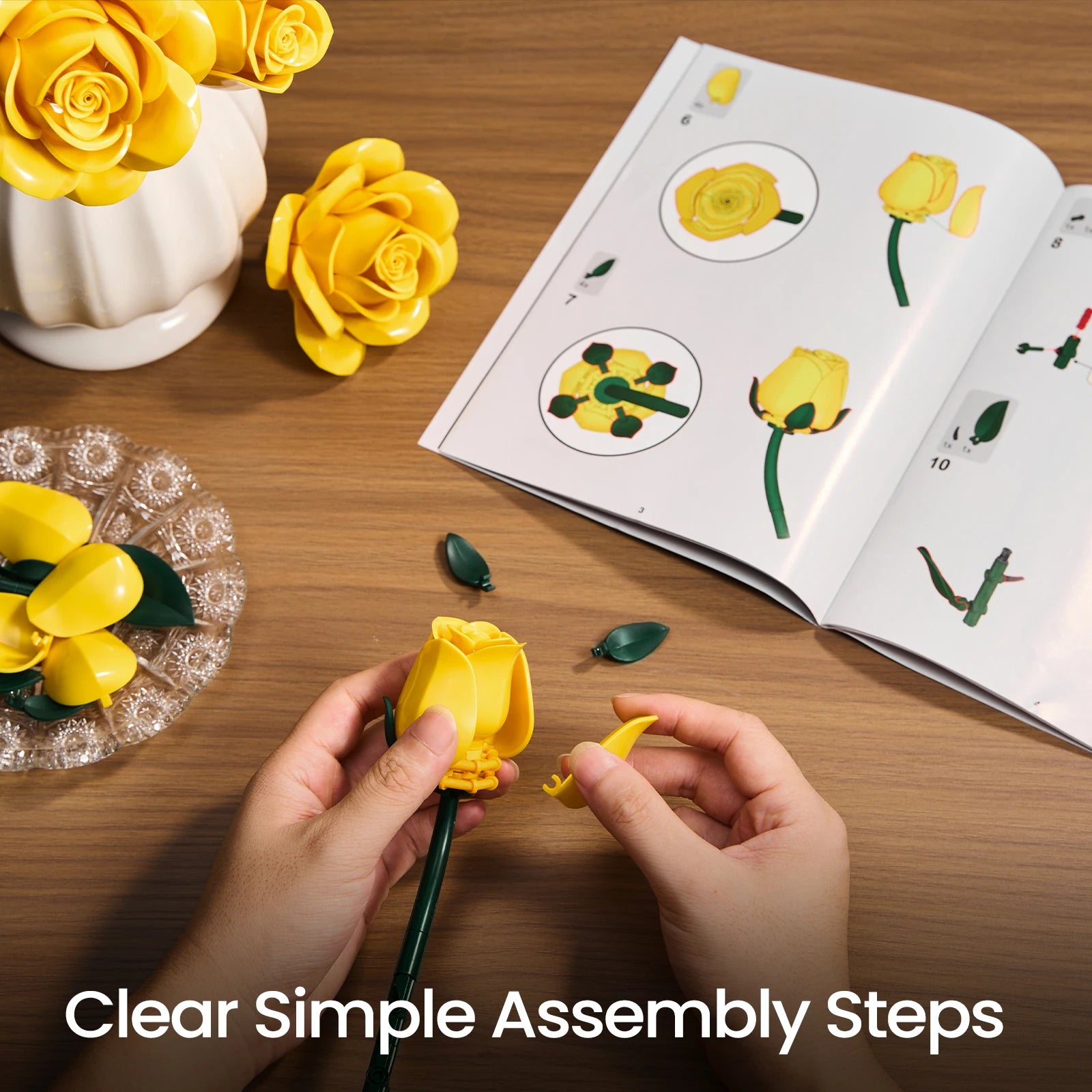Yellow Flower Bouquet Building Set Block Roses Artificial Flowers Brick Kit Botanical Collection Home Decor Christmas Adult Gift