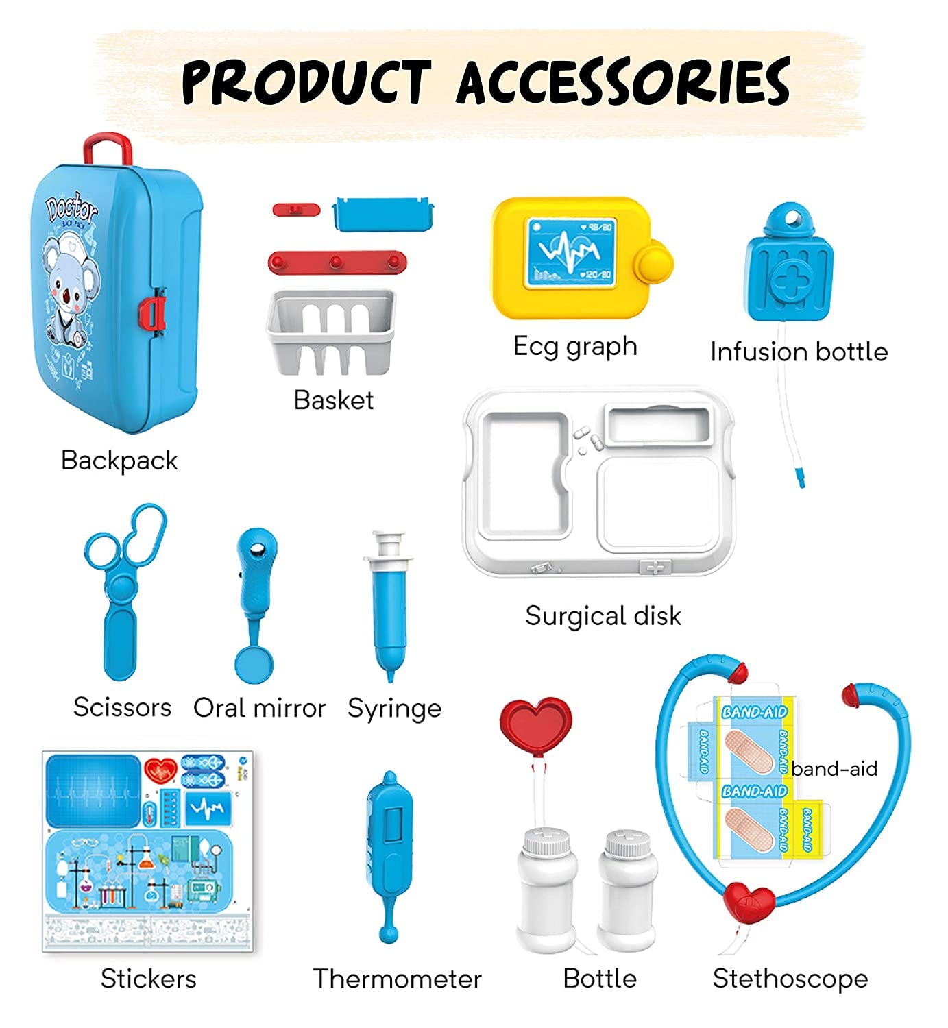 Kids 17-Piece Doctor Playset with Light & Sound, Pretend Play Medical Kit Backpack