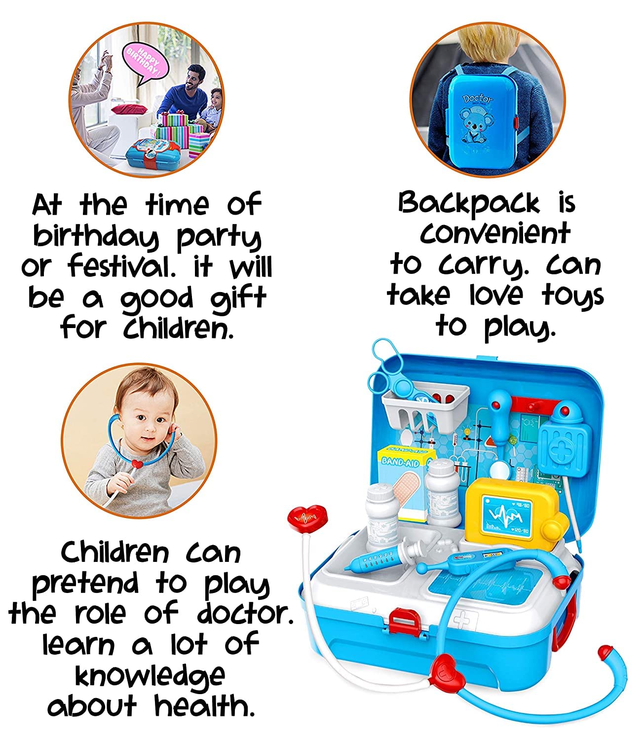 Kids 17-Piece Doctor Playset with Light & Sound, Pretend Play Medical Kit Backpack