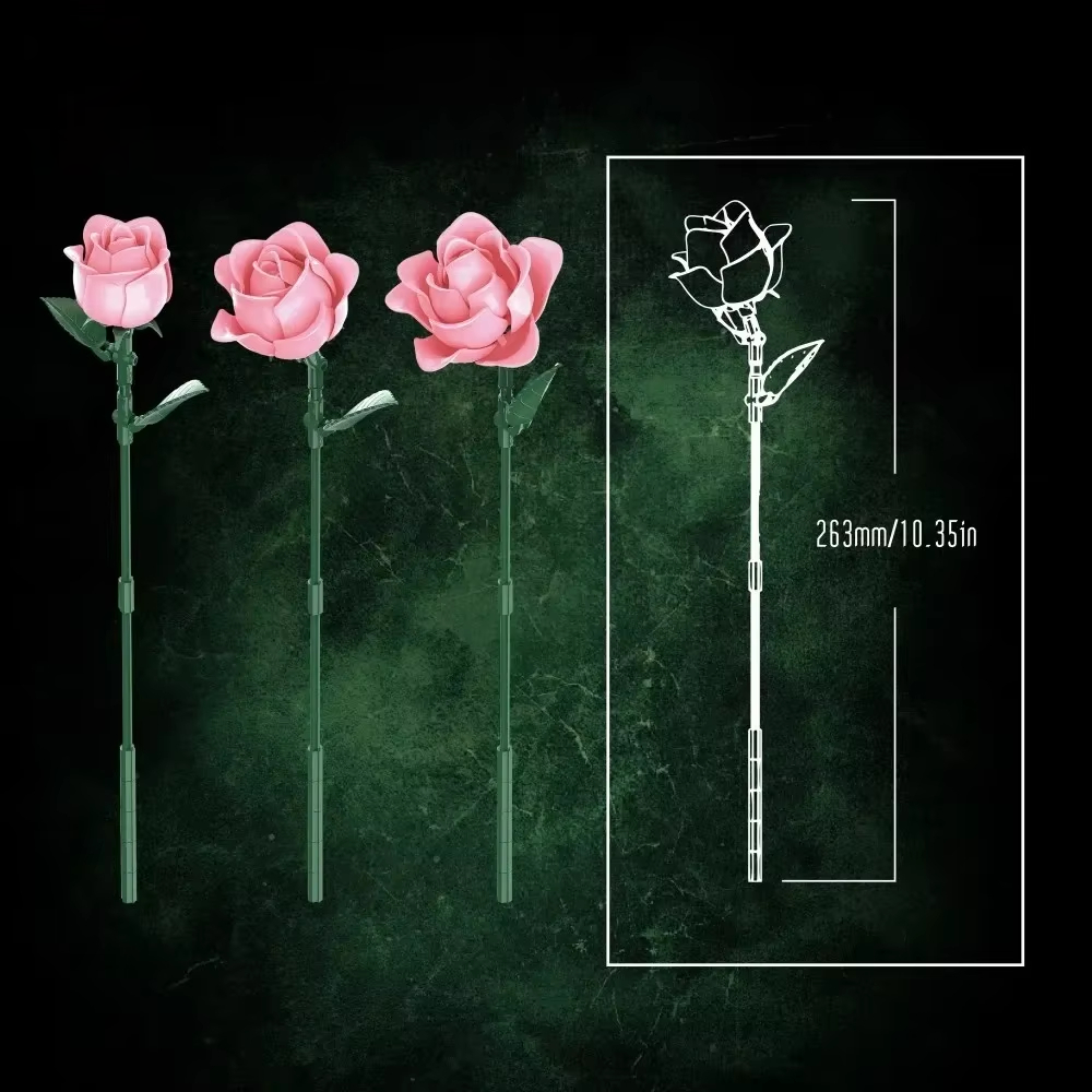 Pink Rose Flower Building Blocks Simulation Bouquet Flower Model Bricks Adult Romantic Gifts Desktop Decoration Kids DIY Toys