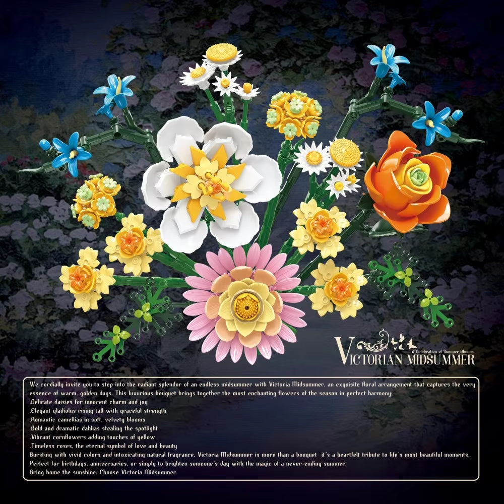 620PCS Rose Daisy Bouquet Building Blocks Daffodil Hydrangea Flower Model Bricks Desktop Ornament Kids DIY Toys Romantic Gifts