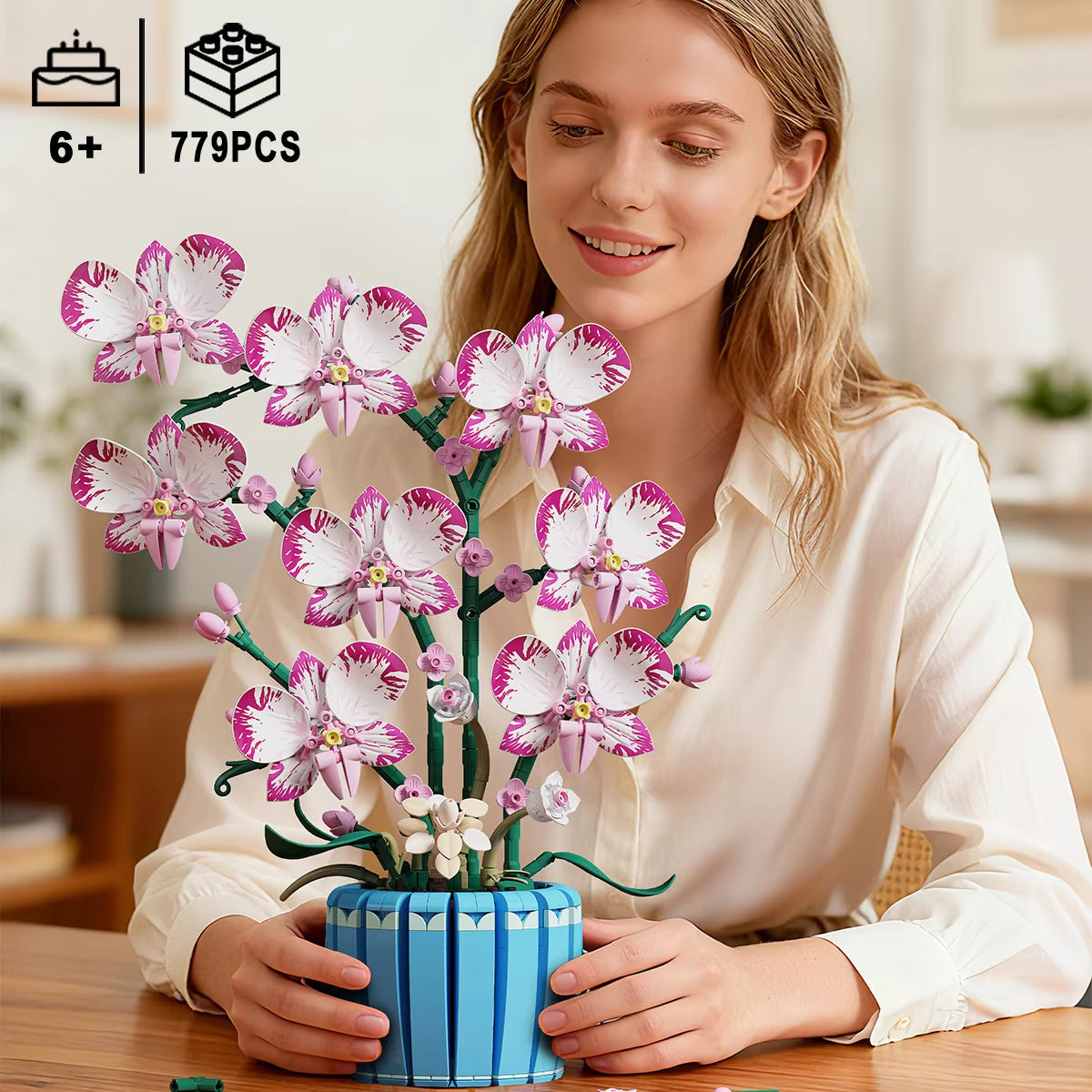 Orchid Pot Potted Plant Building Block Pink Flower Potted Plant Model Puzzle Toys Sets New Year Christmas Birthday Gifts