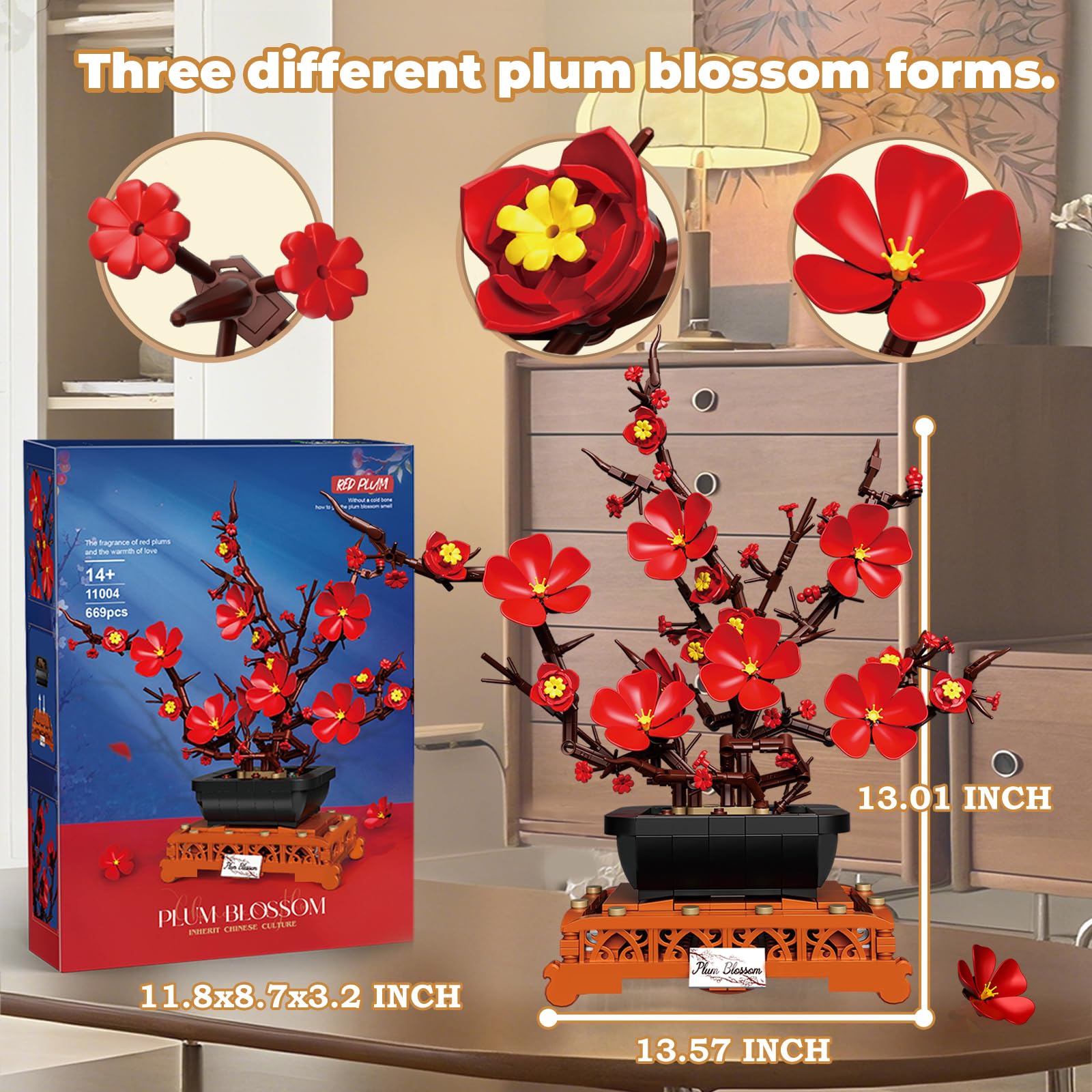 669PCS Plum Blossom Floral Bonsai Building Blocks Flower Model Bricks Creative Desktop Decoration Toys For Kids Holiday Gifts