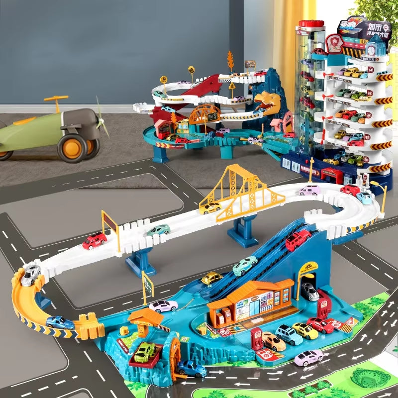 Dinosaur Race Track Playset with 10 Mini Cars & Parking Garage