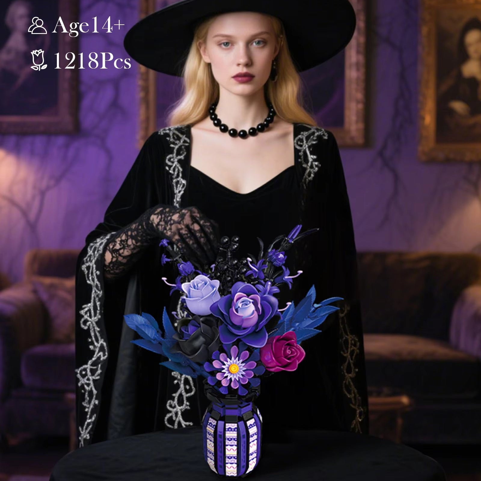 1218PCS Dark Romance Gothic Bouquet Building Blocks Flower With Vase Model Educational DIY Home Decoration Gift For Kids Adults