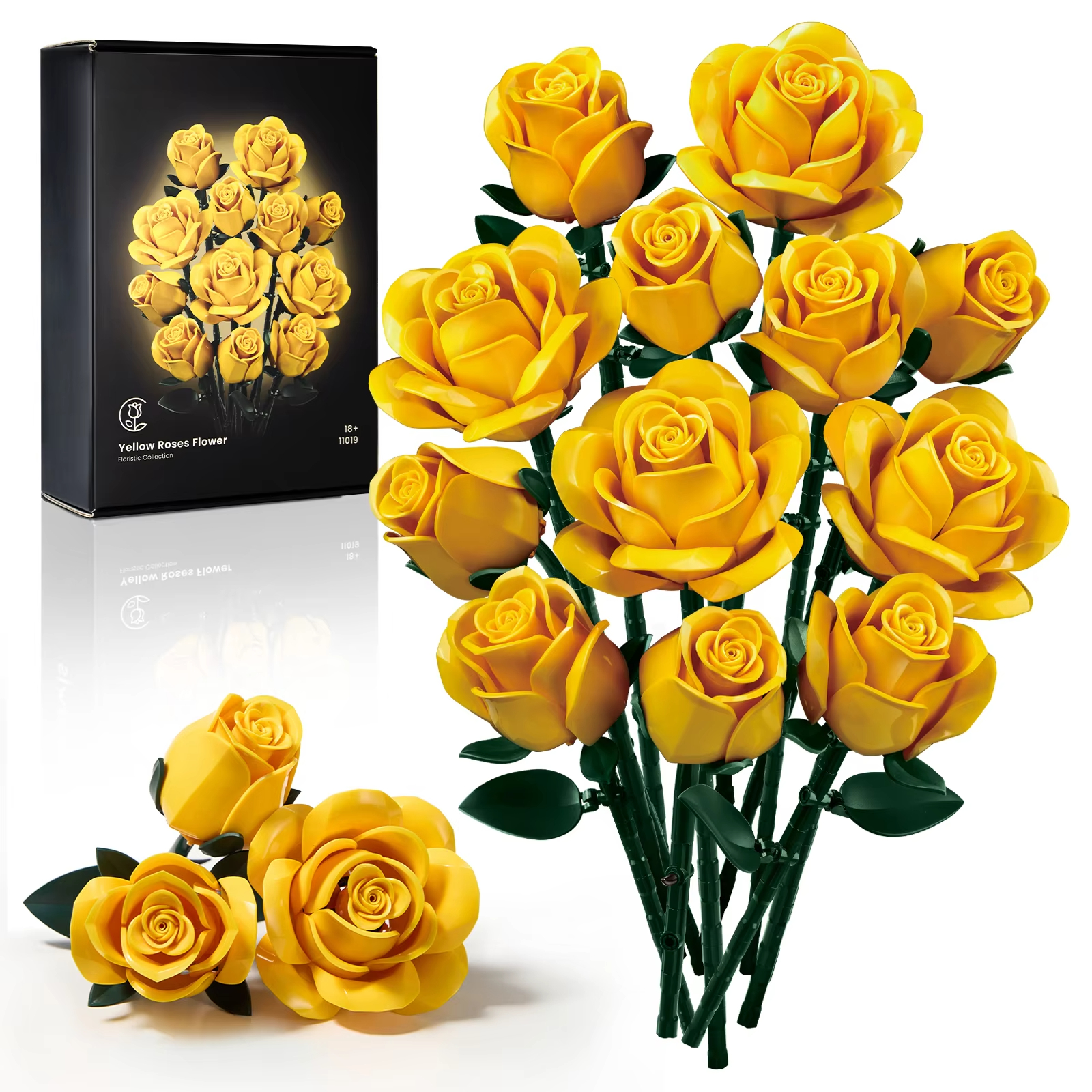 Yellow Flower Bouquet Building Set Block Roses Artificial Flowers Brick Kit Botanical Collection Home Decor Christmas Adult Gift