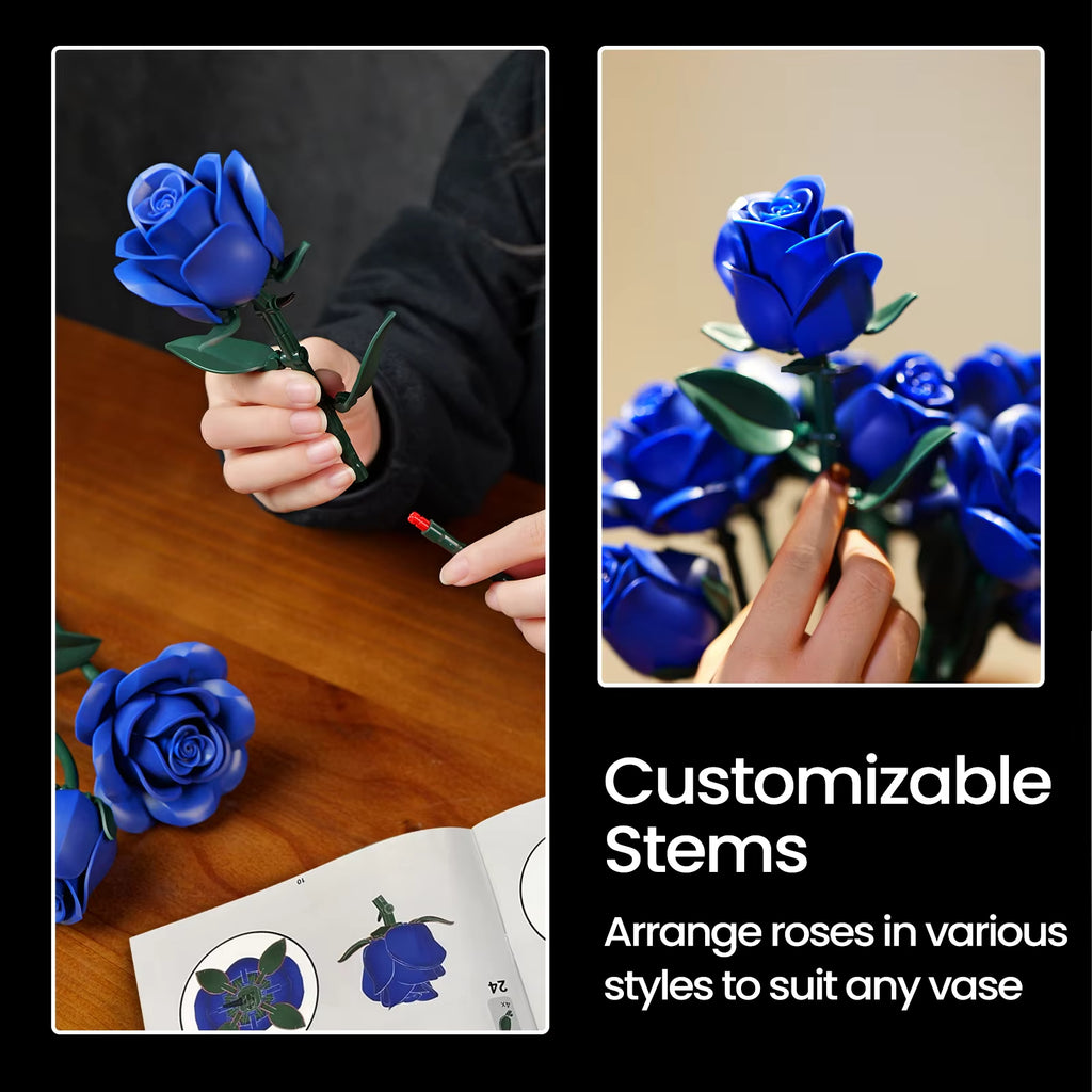 Blue Rose Flower Building Block Set, Adult DIY Gift