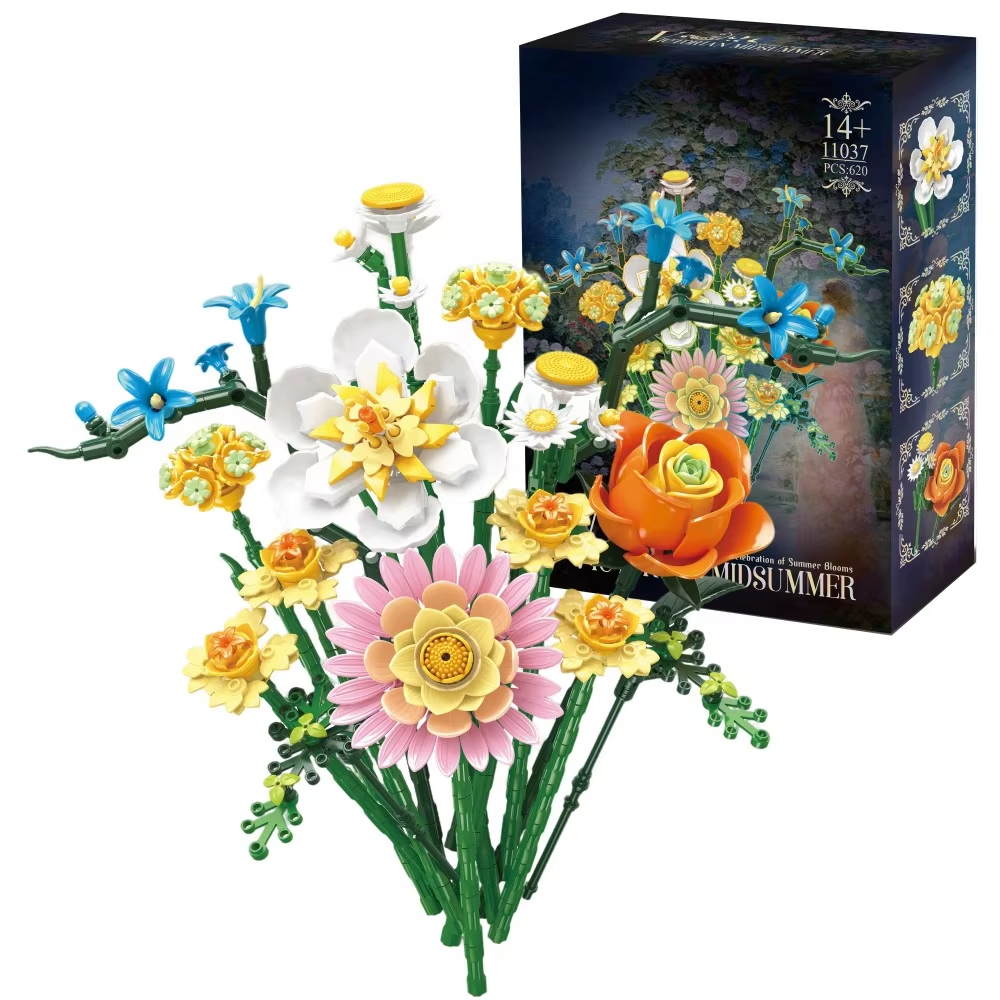 620PCS Rose Daisy Bouquet Building Blocks Daffodil Hydrangea Flower Model Bricks Desktop Ornament Kids DIY Toys Romantic Gifts