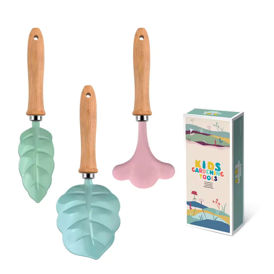 Kids Gardening Tool Set Wooden Handle Leaf Shovel, Rake and Fork Toy