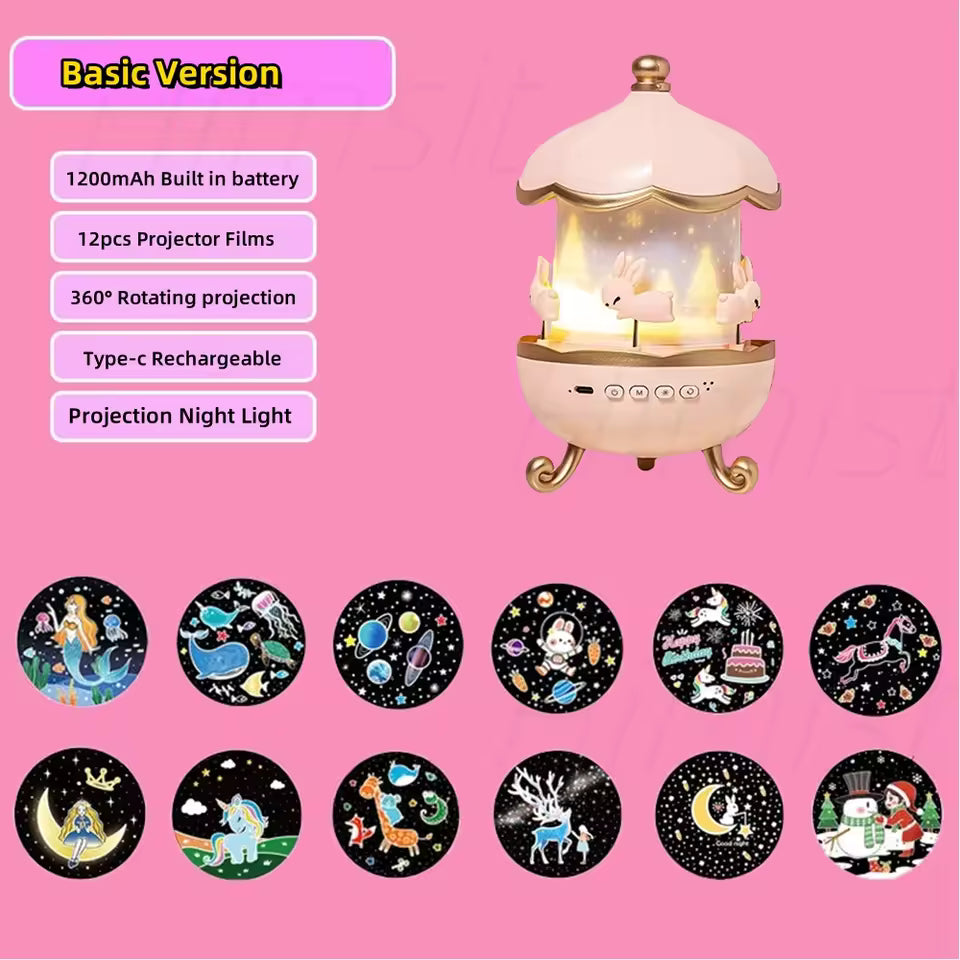 Kawaii Carousel Star Projector Night Light 12 Films Sound Machine for Kids