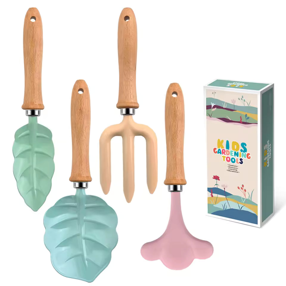 Kids Gardening Tool Set Wooden Handle Leaf Shovel, Rake and Fork Toy