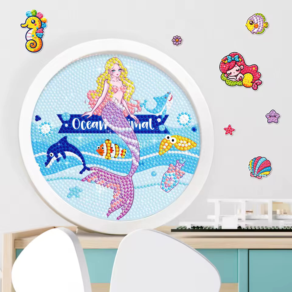 Kids DIY Round Diamond Painting Kit, Unicorn Mermaid Cartoon Mosaic Craft Set