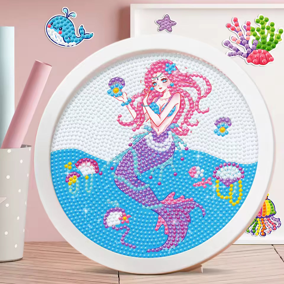 Kids DIY Round Diamond Painting Kit, Unicorn Mermaid Cartoon Mosaic Craft Set