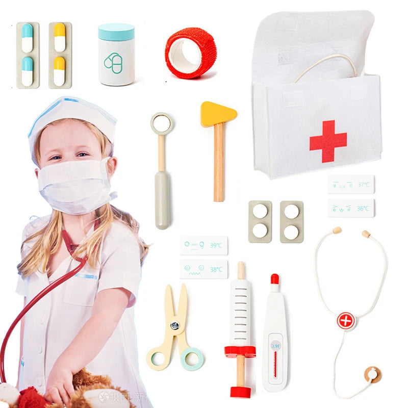 Kids Wooden Doctor Play Set, Pretend Play Medical Kit Toy with Storage Bag