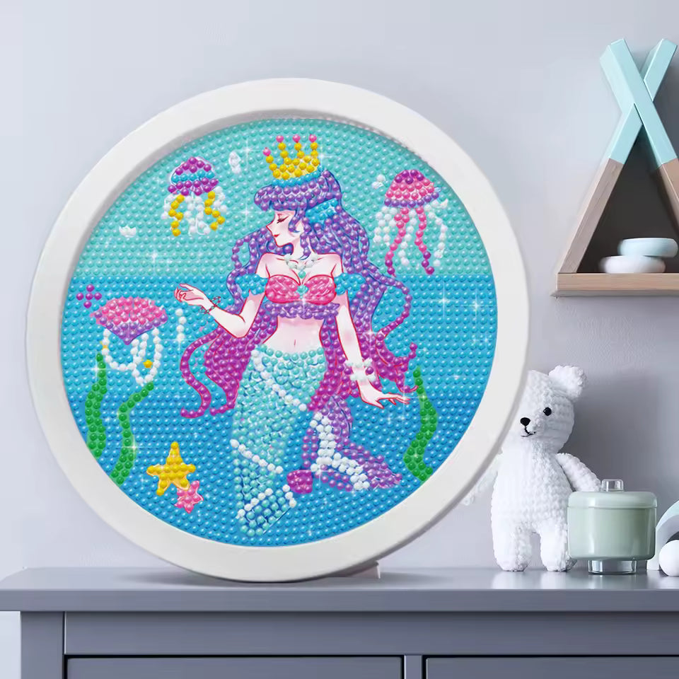 Kids DIY Round Diamond Painting Kit, Unicorn Mermaid Cartoon Mosaic Craft Set