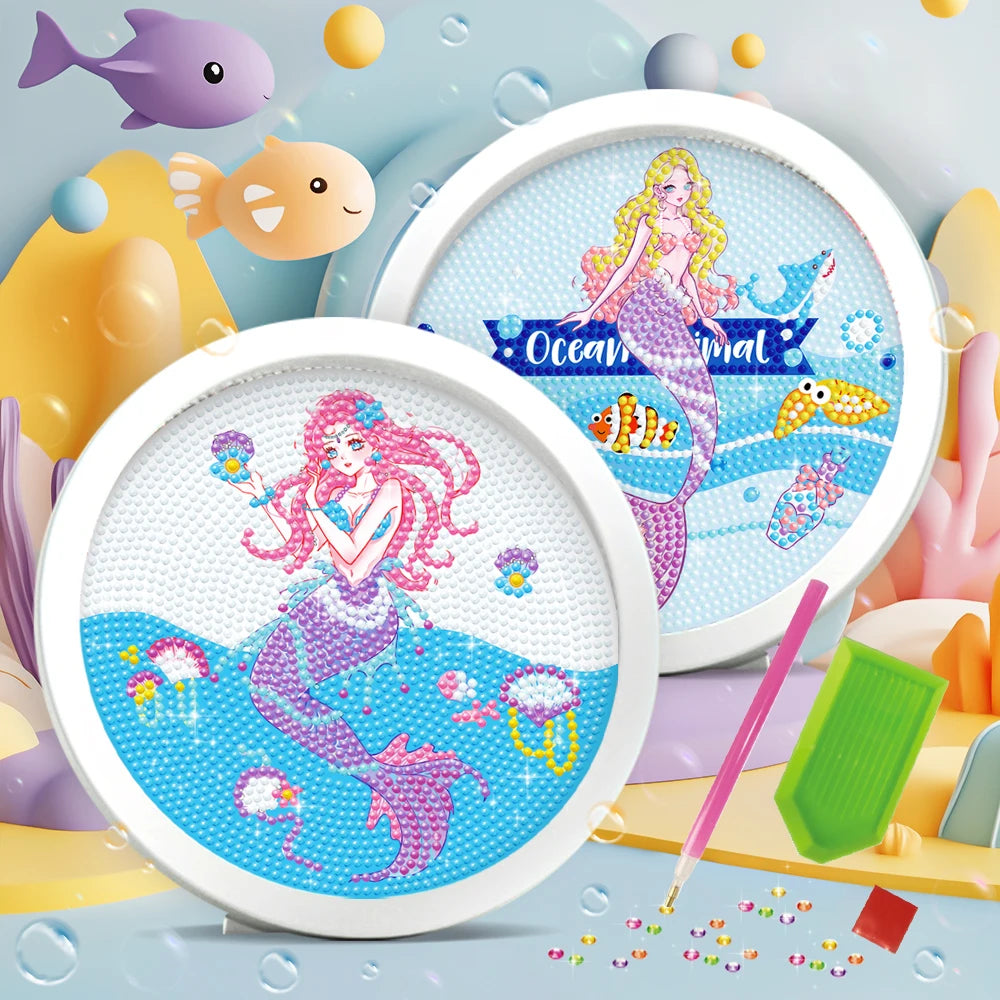 Kids DIY Round Diamond Painting Kit, Unicorn Mermaid Cartoon Mosaic Craft Set