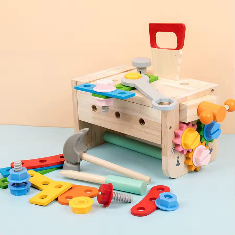 Kids Wooden Tool Bench Workbench Set, Montessori Construction Toy for Boys Ages 3+