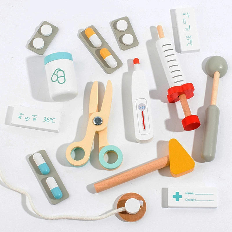 Kids Wooden Doctor Play Set, Pretend Play Medical Kit Toy with Storage Bag