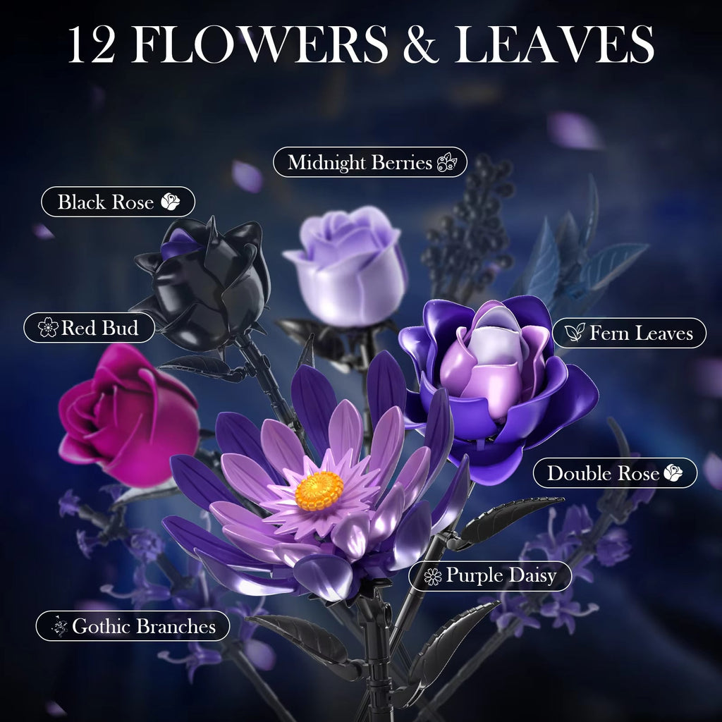 Dark Bouquet Building Block Set With Vase, 1218 Pieces