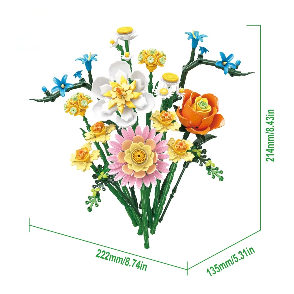 620PCS Rose Daisy Bouquet Building Blocks Daffodil Hydrangea Flower Model Bricks Desktop Ornament Kids DIY Toys Romantic Gifts