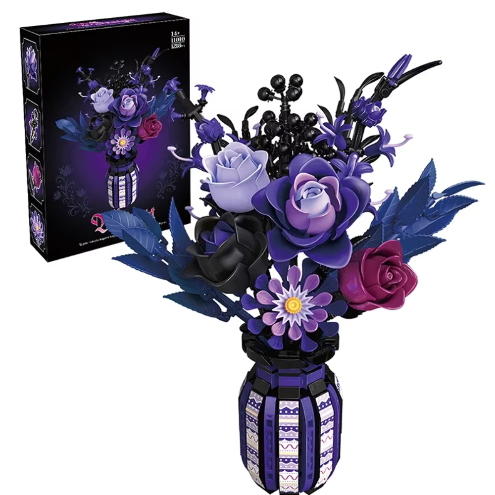 Dark Bouquet Building Block Set With Vase, 1218 Pieces