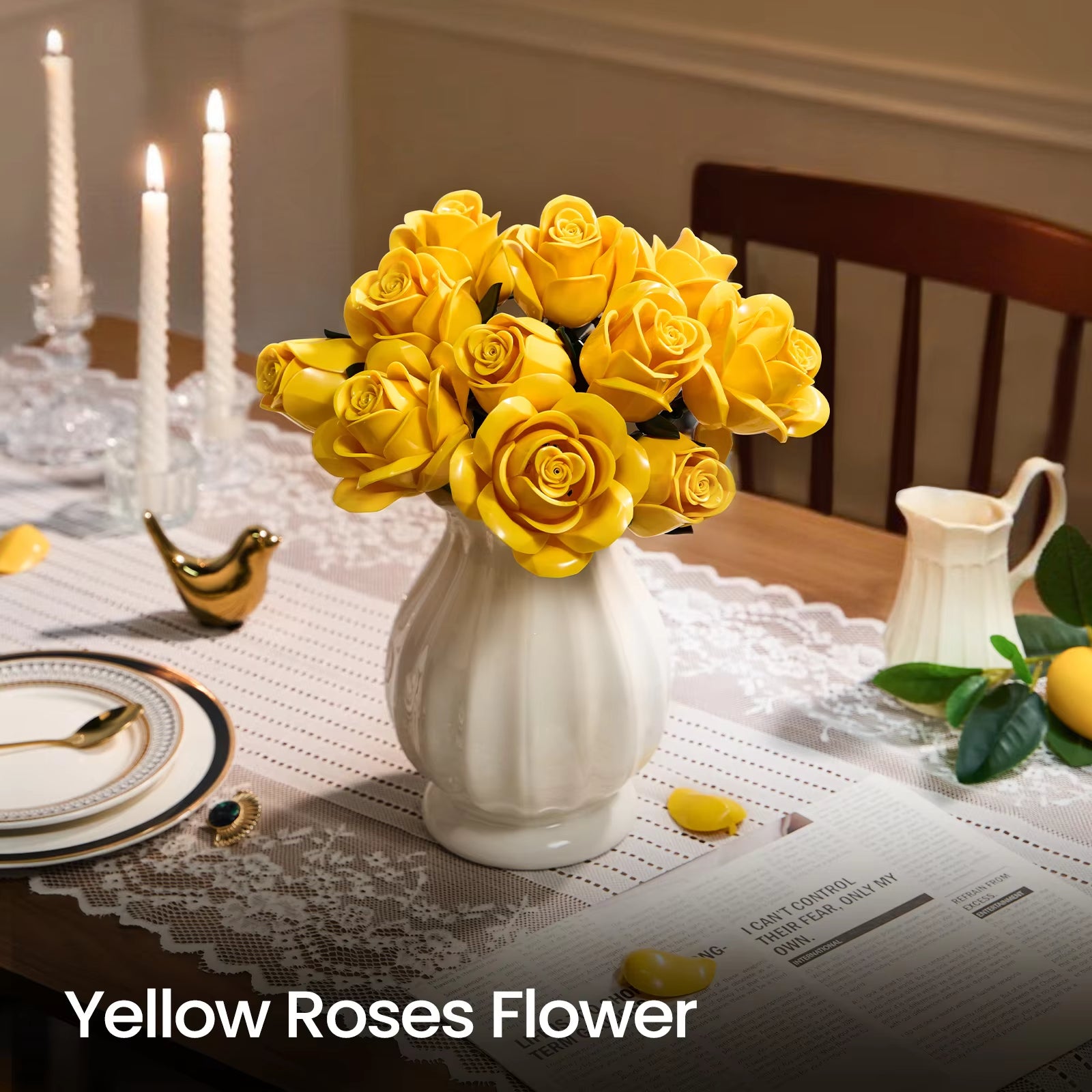 Yellow Flower Bouquet Building Set Block Roses Artificial Flowers Brick Kit Botanical Collection Home Decor Christmas Adult Gift