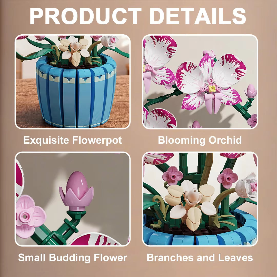 Orchid Pot Potted Plant Building Block Pink Flower Potted Plant Model Puzzle Toys Sets New Year Christmas Birthday Gifts