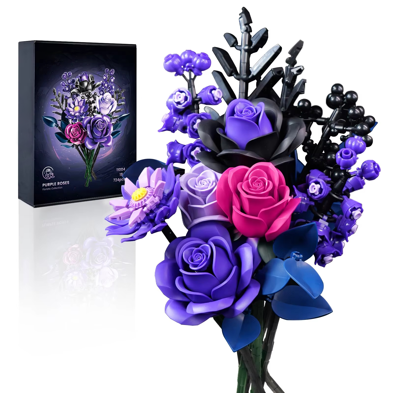Purple Roses Blocks Flowers Building Set Simulated Rose Wedding Floral Home Decoration Bouquet Brick Toy Birthday Gift for Adult