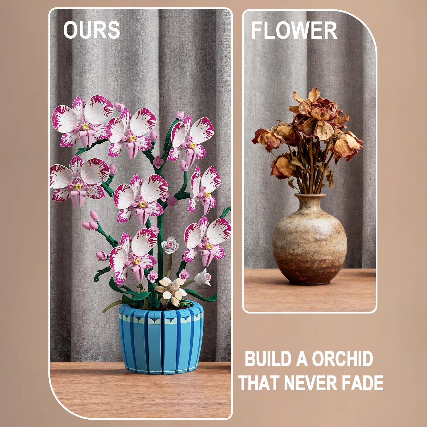 Orchid Pot Potted Plant Building Block Pink Flower Potted Plant Model Puzzle Toys Sets New Year Christmas Birthday Gifts