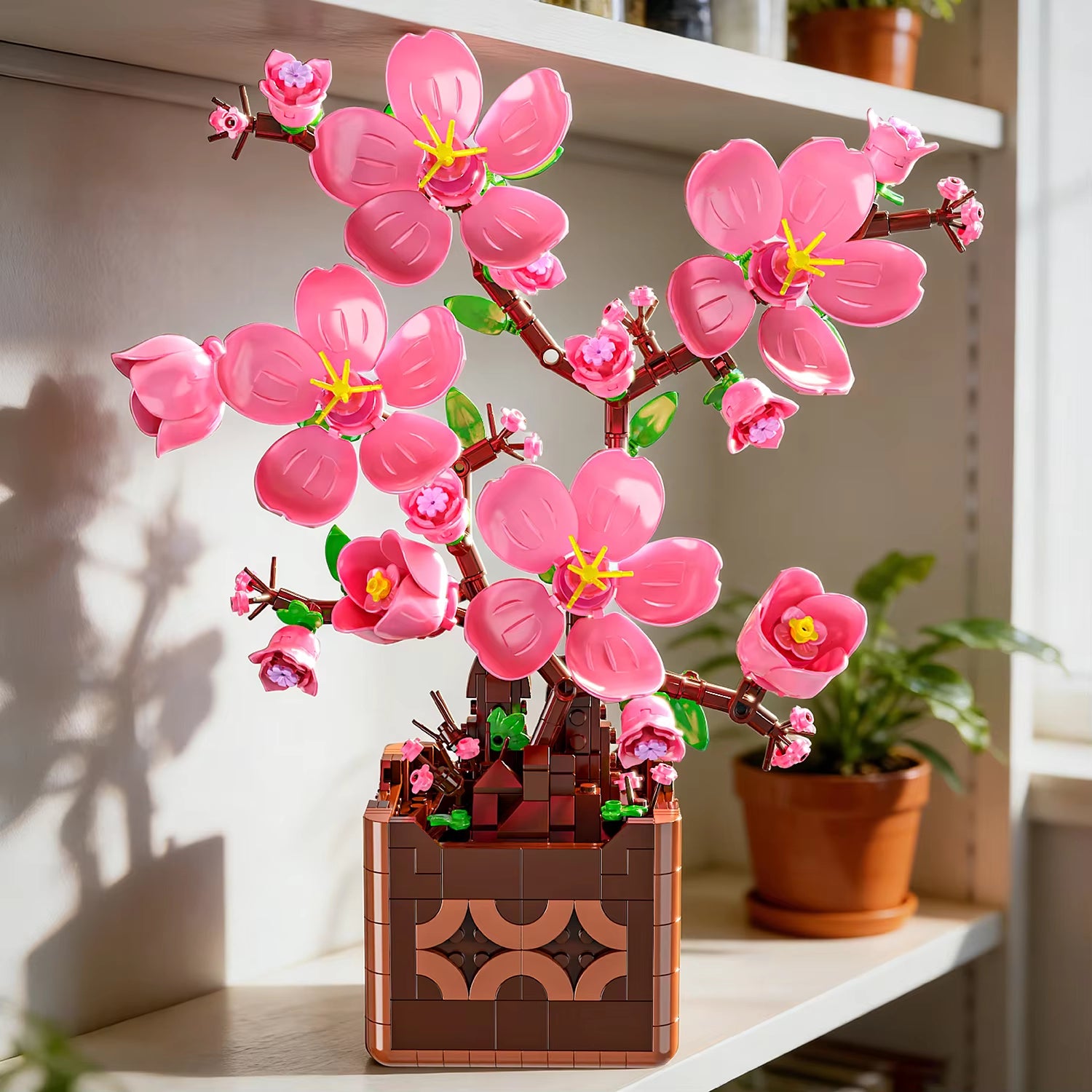 Pink Peach Blossom Potted Plant Building Block Flower Model Puzzle Toys Sets New Year Christmas Birthday Gifts